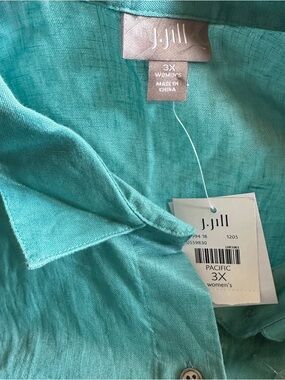 J JILL aqua blue button linen shirt plus size 3X